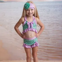 Летний купальник для маленьких девочек из 3 предметов, топ с бантом для маленьких девочек+ шорты на пуговицах+ повязка на голову, пляжный купальный костюм русалки, P40