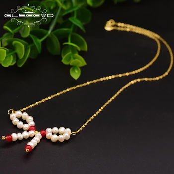 

XlentAg 925 Sterling Silver Natural Fresh Water Pearl Bow Pendant Necklace For Women Mom Daughter Gift Fine Jewelry Kolye GN0089