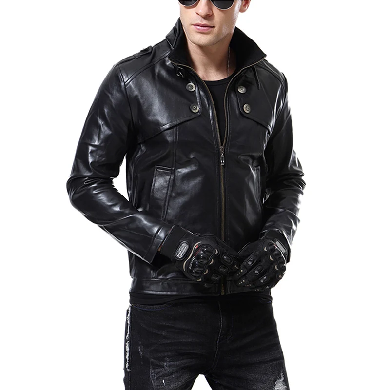 

ZEBERY Men's PU Motorcycle Jacket Cool Outwear Stand Collar Button Pocket Decorative Jacket For Men