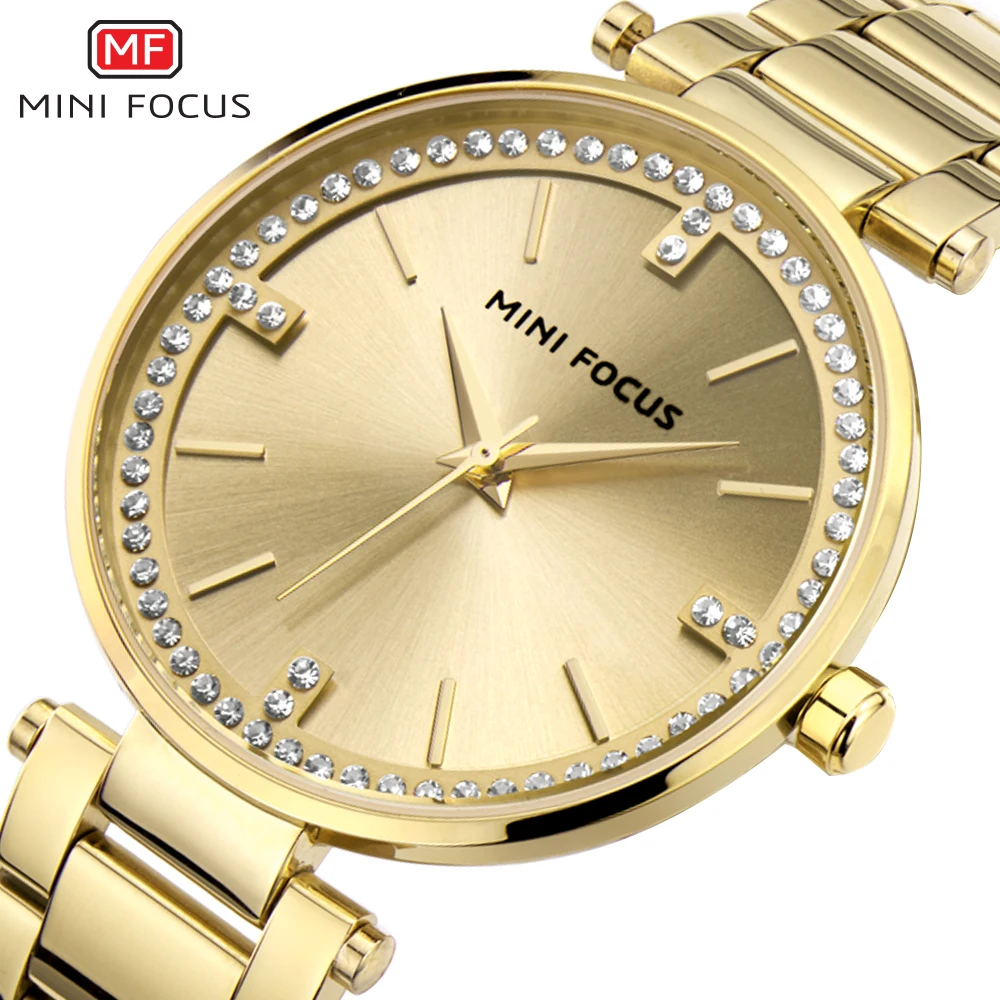 

MINI FOCUS Royal Women Watches Quartz Watch Golden Stainless Steel Strap Rhinestone Decoration Top Brand Luxury Wristwatch