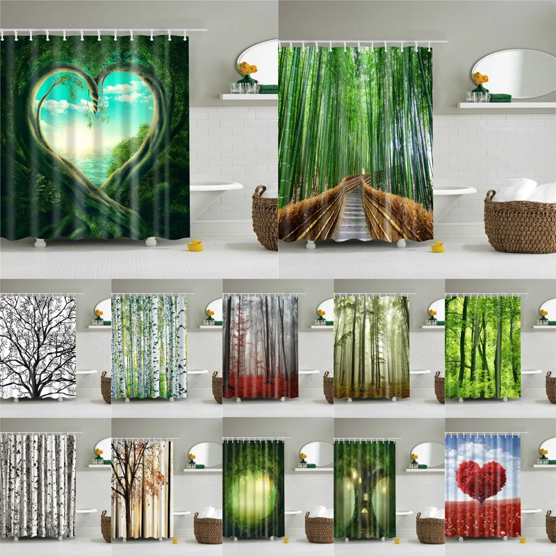 

Polyester Natural Tree Heart Printing Shower Curtains with 12 Hooks In The Bathroom Home Decorative Waterproof Bath Curtain