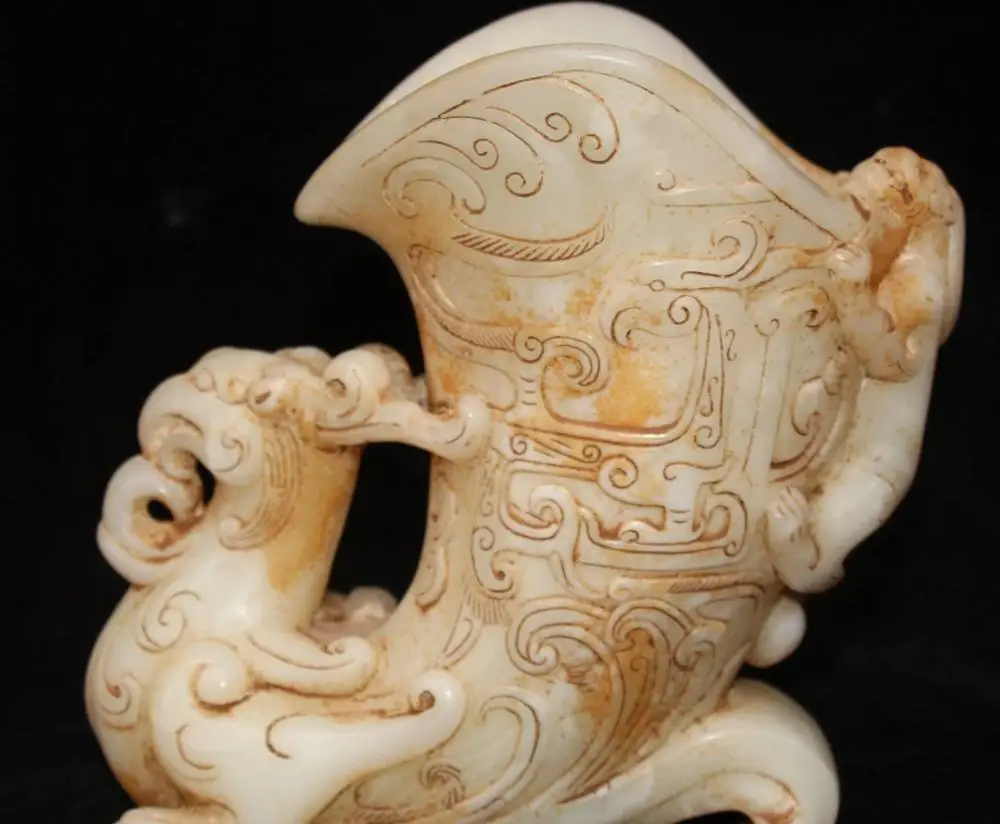 

8"Chinese Dynasty White Jade Phoenix Feng Beast Zun Cup Vase Pot Vassel Statue