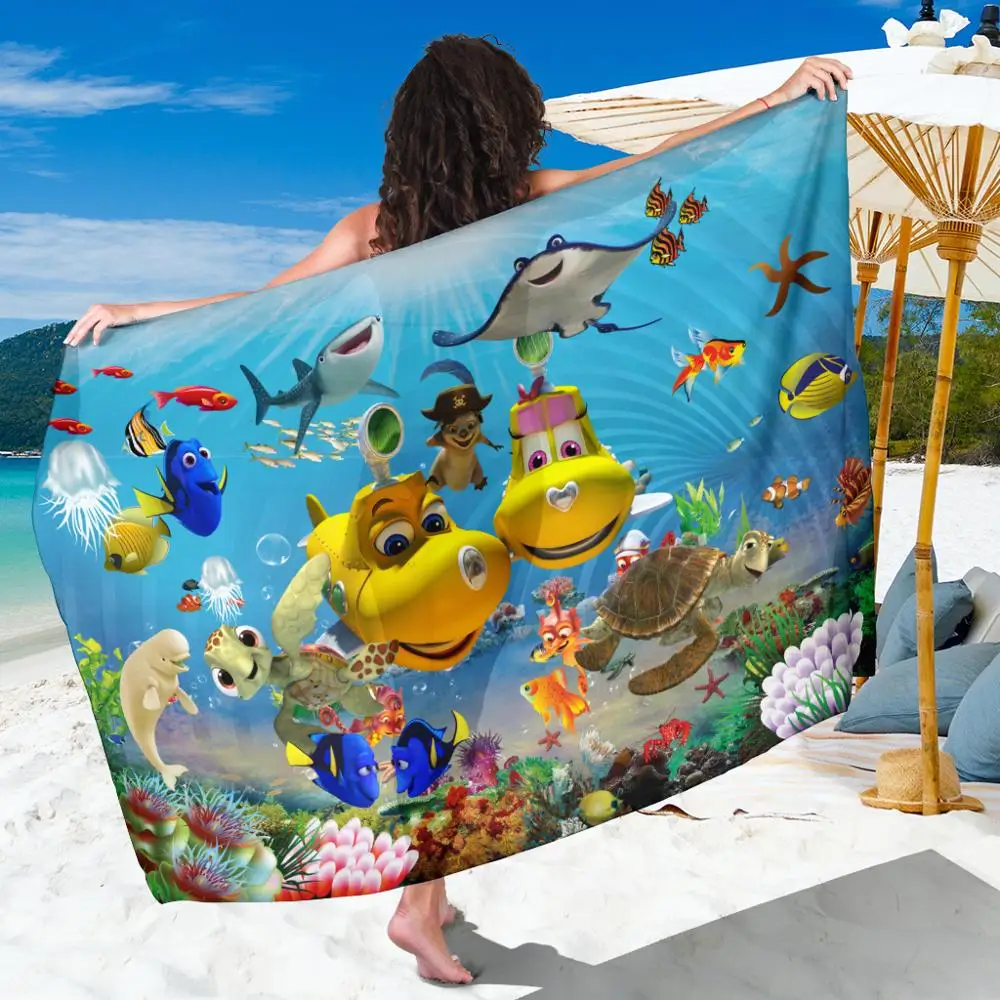 

Plus Size Chiffon Sarong Large Beach Towel Anime Ocean Fish Playful toalha de praia Bikini Cover-up Long Chiffon Scarf Shawl