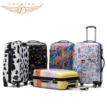 2016 Fochier Women Men Luggage Printed ABS PC Hard Shell Trolley Fashion Luggage Suitcase Travel Case 24 Inches 5 color New