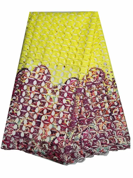 

2019 Latest Yellow African Cord Lace Embroidery Mesh Guipure Craft Sewing Material With 1.6 Yards Sequins Scarf/Headtie KRL-1370