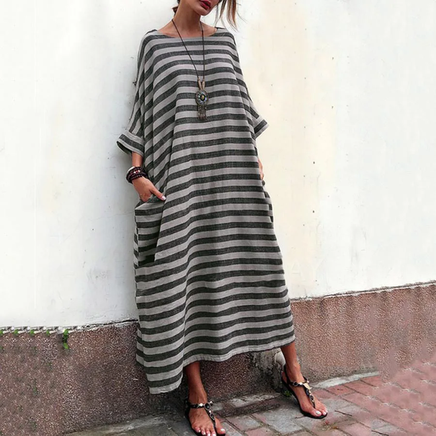 

Casual large striped round neck large size dress
