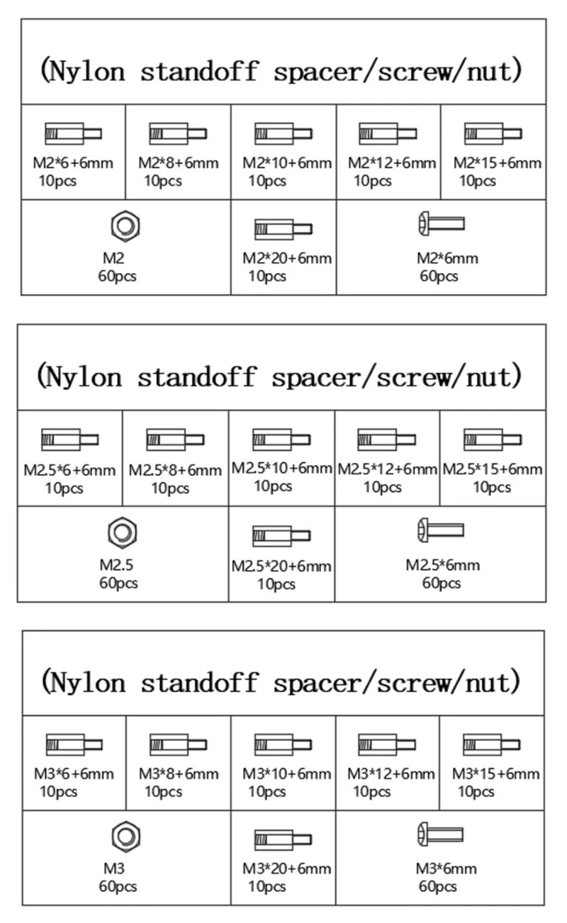 180 шт. M2 M2.5 M3 нейлоновые шестигранные резьбовые стойки Распорки винт/гайка Ассортимент комплектов пластиковый винт M3* 6 до M3* 20
