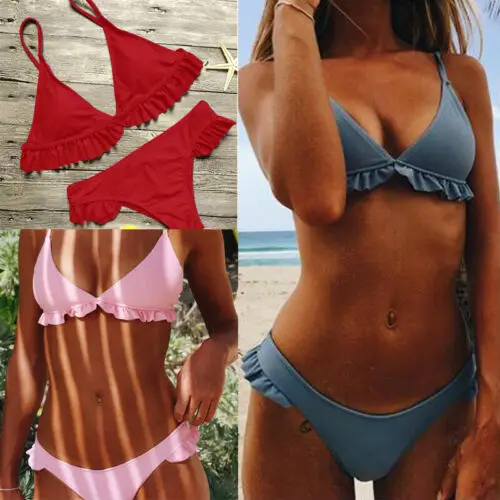 

2019 Sexy Ruffles Bikini Set Women Swimsuit Thong Bikini Push Up Padded Swimwear Women Bathing Suit Biquini Beachwear