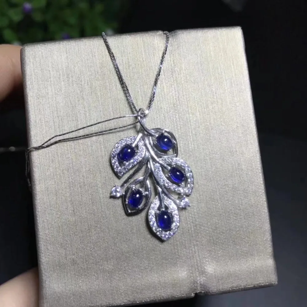  Collier pendentif en forme de feuille de saphir bleu naturel collier en argent naturel S925 collier
