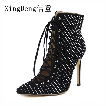 

XingDeng Ladies Ankle Zip High Heels Boots Shoes Women Lace Up Bandage Pointed Toe Rhinestone Party Dress Boots Shoes