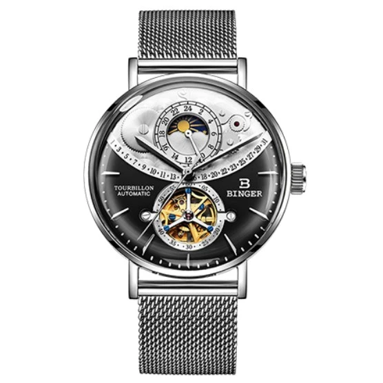 Механические Мужские часы Бингер с скелетом, фаза Луны, швейцарские автоматические часы, мужские полностью стальные водонепроницаемые часы Relogio Masculino - Цвет: Black B10002 steel