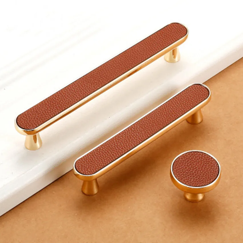 

96mm 128mm American Style Brown Leather Kitchen Cabinet Door Handle Gold Drawer Cupboard Dresser Pull Knob 5" Modern Fashion