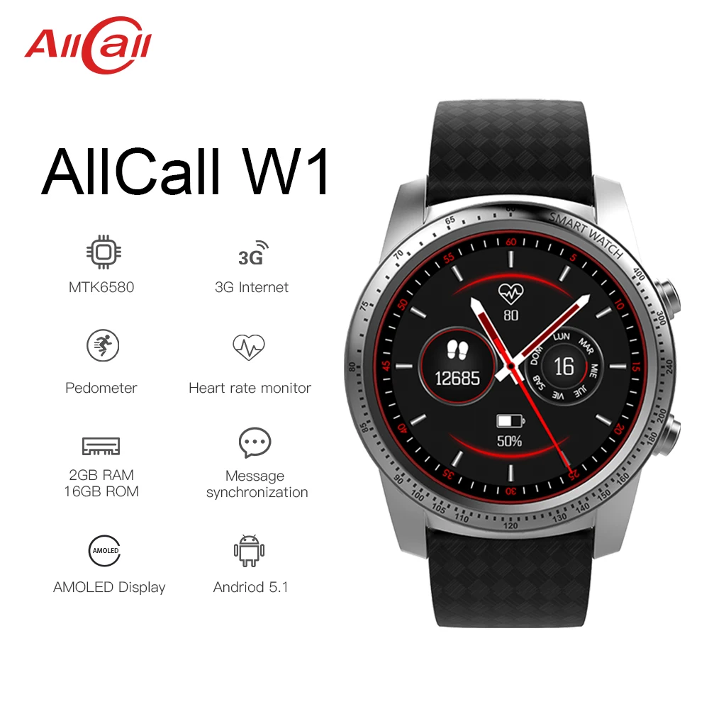 

Smart Watch AllCall W1 2GB RAM 16GB ROM 1.39" AMOLED screen Heart Rate GPS 3G/2G Watch Phone MTK6580m Android 5.1 MP4 WiFi