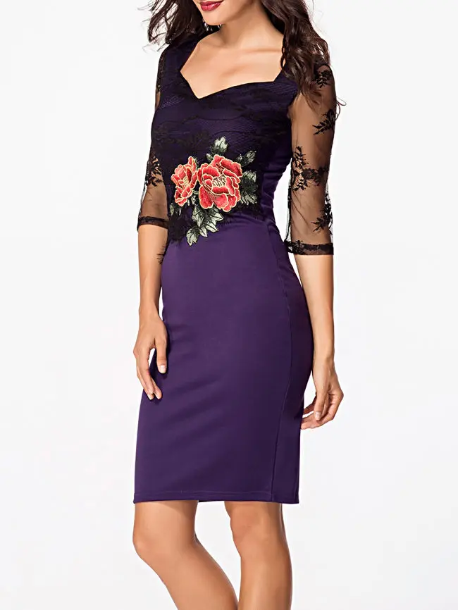 FEIBUSHI кружевное Повседневное платье большого размера с вышивкой, сексуальное кружевное платье с геометрическим рисунком для женщин, женские повседневные облегающие вечерние платья - Цвет: Purple