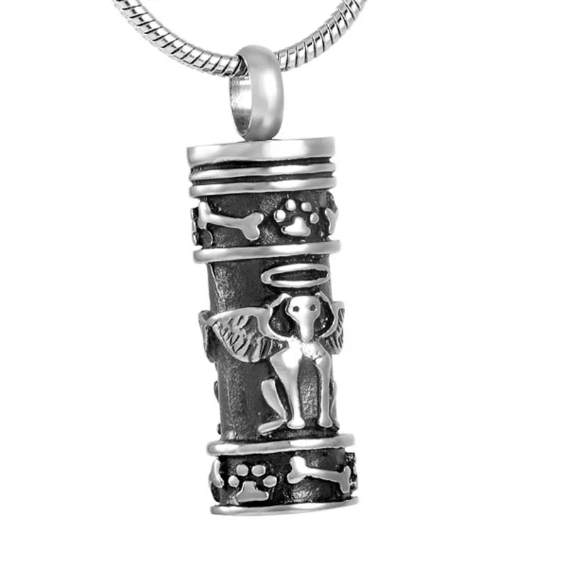 IJD8186 Angel Dog Engraved Cylinder Urn Ash Pendant Stainless steel