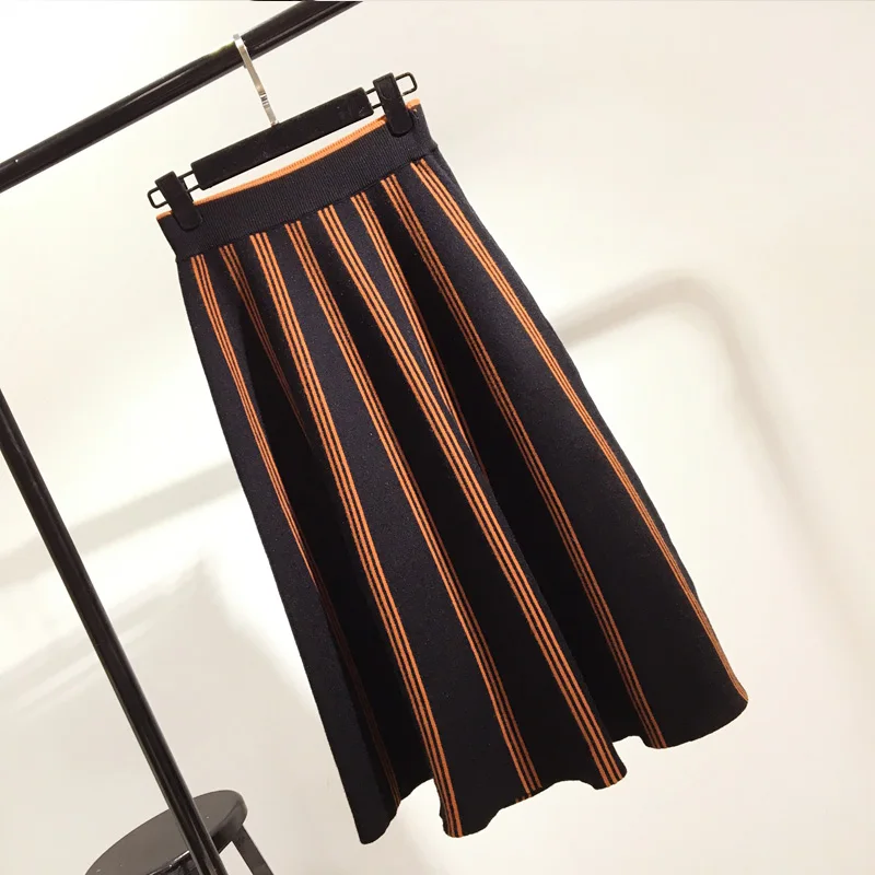

2018 spring and autumn knitting skirt women new striped A word skirt in the long skirt waist thin bottom Knee length skirt