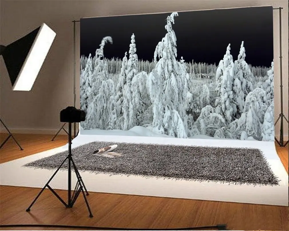 

Photography Backdrop Christmas Pine Tree Snow Covered Landscape Winter Night View Xmas Photo Background