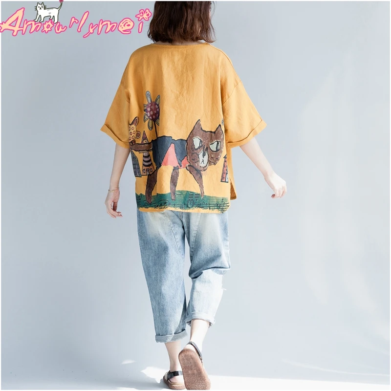 Летняя женская футболка Mori Girl Kawaii с принтом кота, женская одежда большого размера, повседневная женская хлопковая и льняная футболка, женские топы