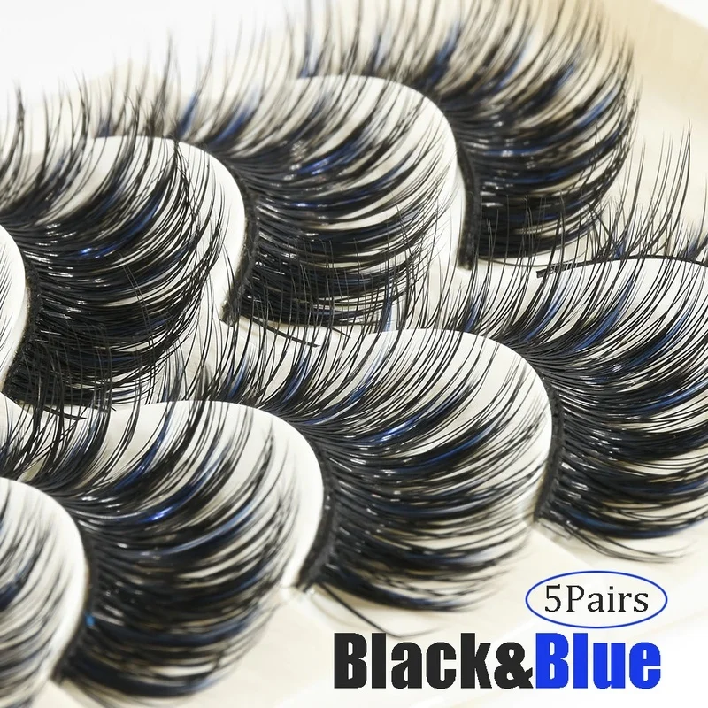 

5 Pairs Blue & Black Mink Long Thick Cross False Eyelashes Handmade Curly Fake Eye Lashes Extension Makeup Cosmetic