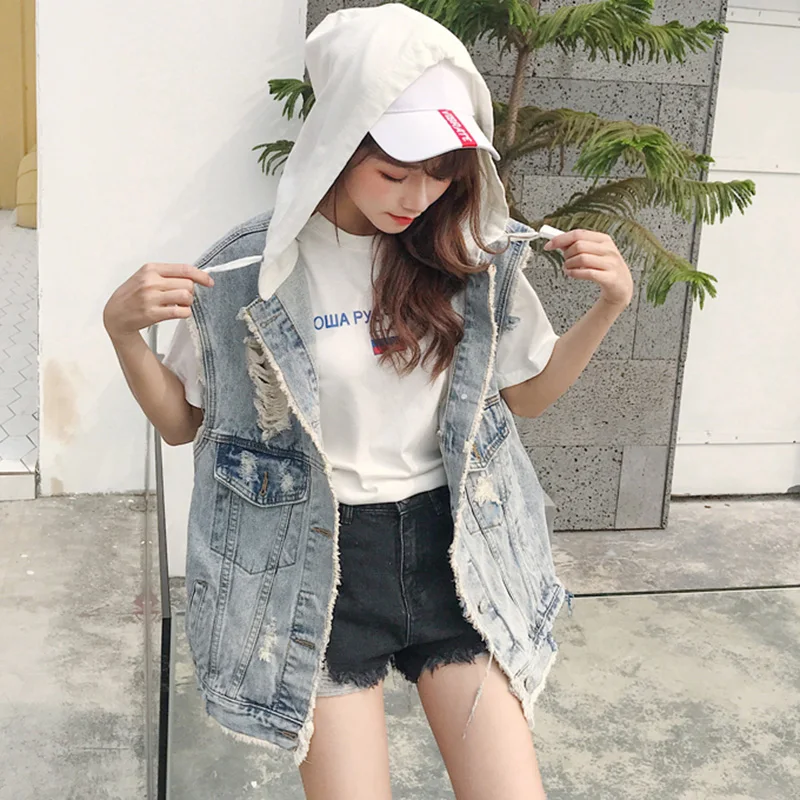 Весенний свободный джинсовый жилет с капюшоном, толстовки с дырками Harajuku, женский джинсовый жилет с капюшоном, летние джинсовые жилеты для женщин, летний женский жилет