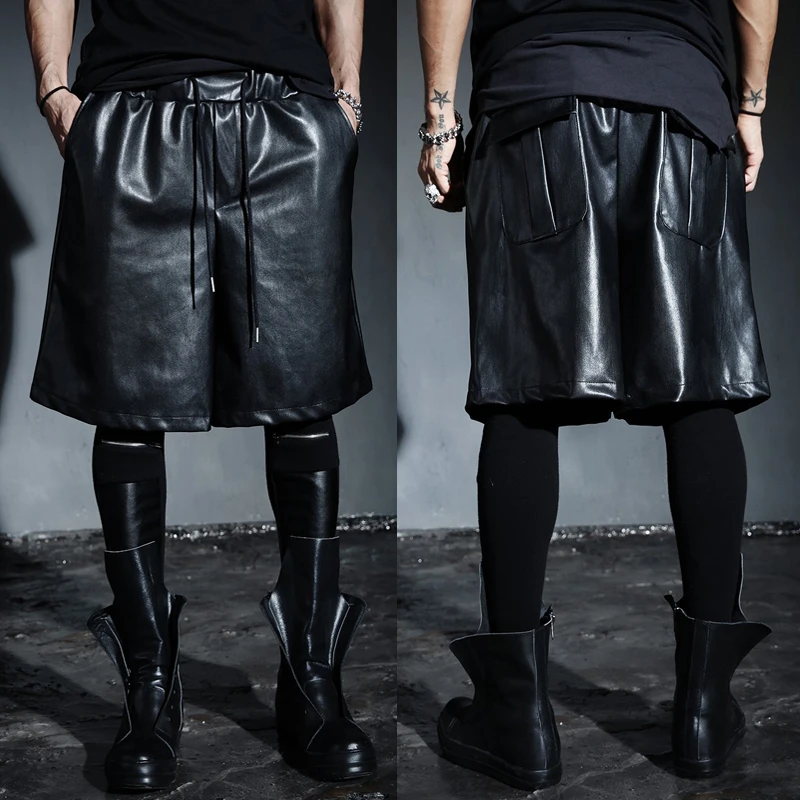 

27-46 2023 Men's New PU Male Loose Plus Size Black Easy Care Shorts Capris Male Costume Singer Costumes Trousers