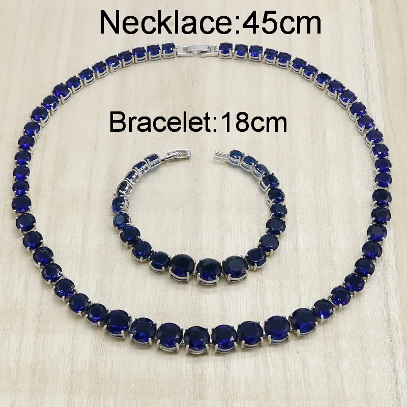 Классический круглый Королевский Голубой Кристалл 925 Серебряные Ювелирные наборы для женщин серьги ожерелье браслет подарок на день рождения