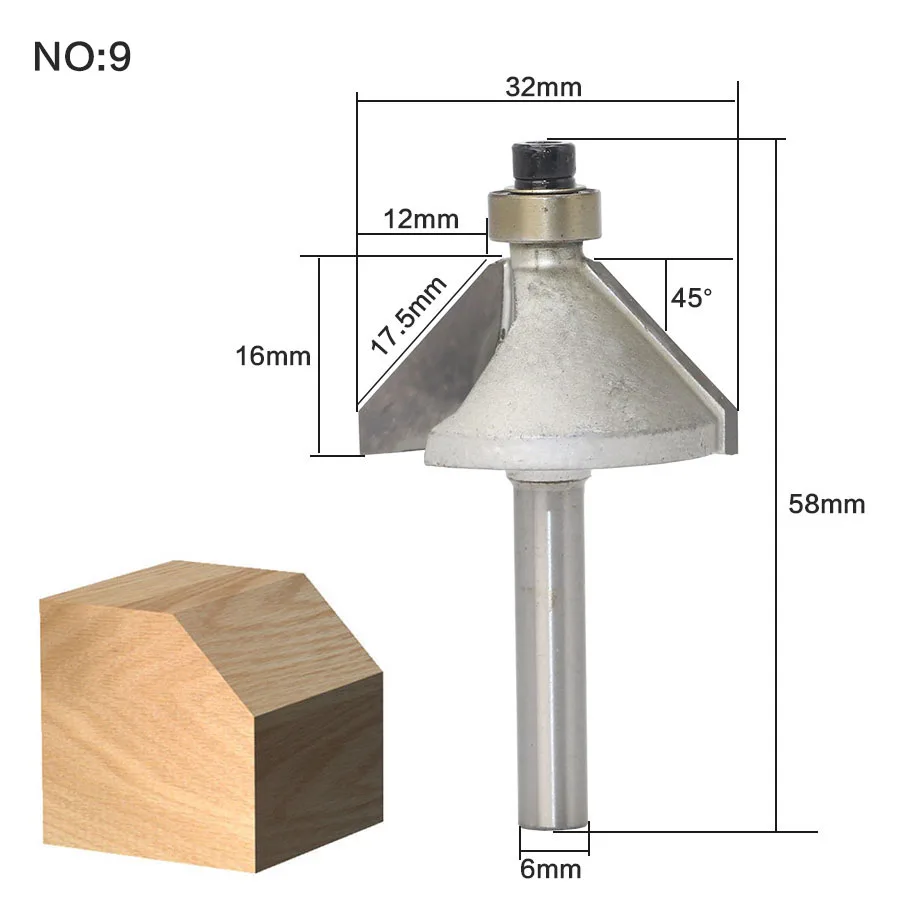 1 шт./компл. высокое качество Roundover бит с подшипником 6 мм Диаметр хвостовика ласточкин хвост фрезы Резак работы по дереву - Длина режущей кромки: NO9