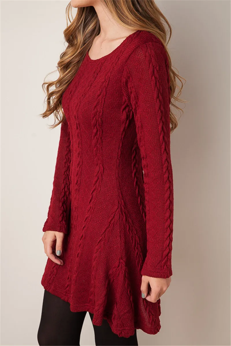 Women Long Sleeve Solid Hem Casual O-Neck A Line Mini Knitted Twist Wool Dress For Autumn and Winter