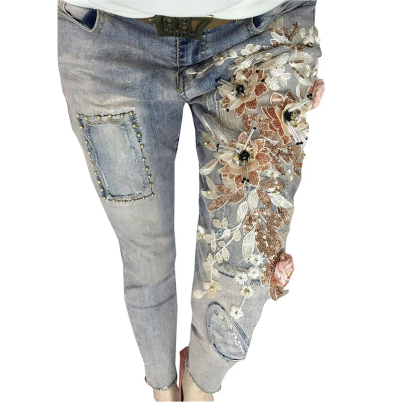 

Flower Sequins Lace Jeans For Women Elastic Ripped Jeans Boyfriend Denim Pants Casual Retro Jeans