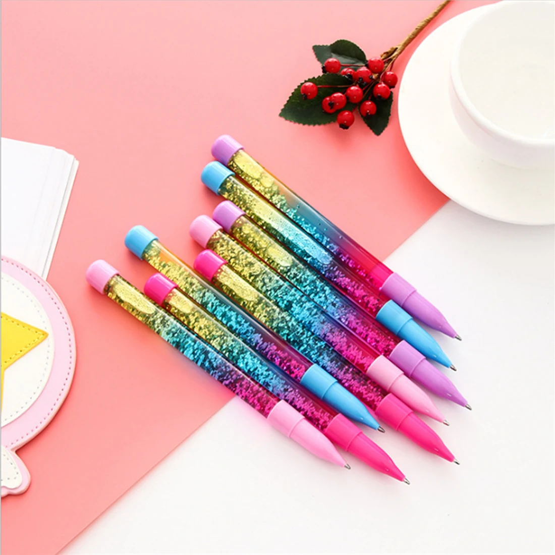 Novelty 0.5mm Rainbow Color Gel Pen Fairy Stick Drift Sand Glitter