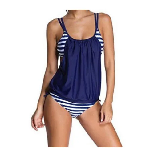 

Sexy Women Striped Splicing Spaghetti Strap Bikini Swimwear Swimsuit Beachwear Dark blue