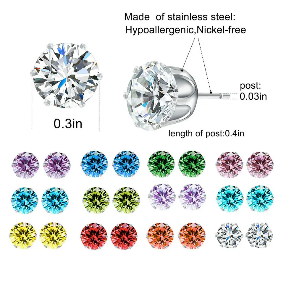 Многоцветный Круглый CZ из нержавеющей стали с Цирконом Серьги 3 мм 12 пар серьги наборы для женщин/девочек модные ювелирные изделия