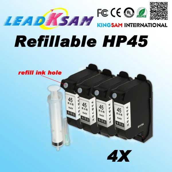4x Refillable hp45 ink cartridge compatible 51645A for hp 45 CAD Graph plotter Graph plotter for 
