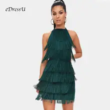 Women Tassel Dress Green Halter Tie Back Sexy Sweet Fringed Cocktail Party Dress Sheath Bodycon Bandage Club Date Wear MS-A134 velvet tie back cap sleeve sheath dress