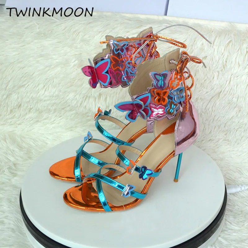 Новые зеркальные сандалии с розовой бабочкой, ботинки, металлические стилеты, гладиаторы на высоком каблуке, летняя обувь, шнуровка, металлический каблук Сандалии, mujer