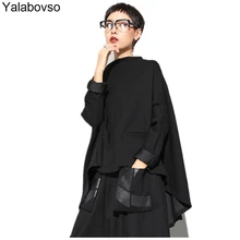 Новинка, черные футболки со стоячим воротником, Лоскутная Осенняя Женская свободная накидка с рукавом «летучая мышь», топы в стиле хип-хоп, женские футболки A67Z20