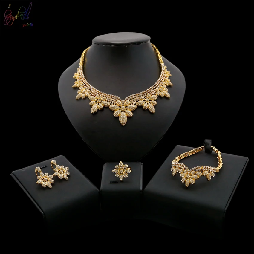 

Yulaili High Quality Italian Gold Color Plated Alloy Jewelry Sets CZ Crystal Rhinestone Pageantry Decorousness Jewelry Set