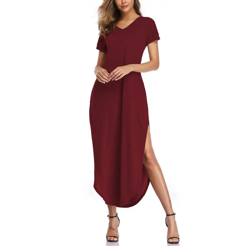 Winered MISSJOY женское платье Лето свободная, с короткими рукавами v-образным вырезом Повседневная одноцветная карманная Сексуальная Сплит Длинная женская халат элегантная работа - Цвет: Winered