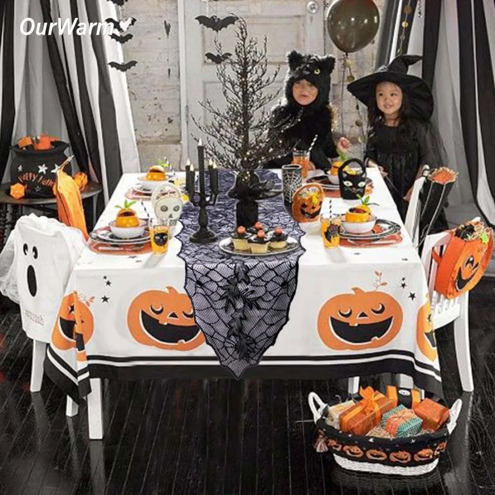 Buy OurWarm 1pcs 74"*22" Halloween Tablecloth Black Lace Leaf  Tablecloth