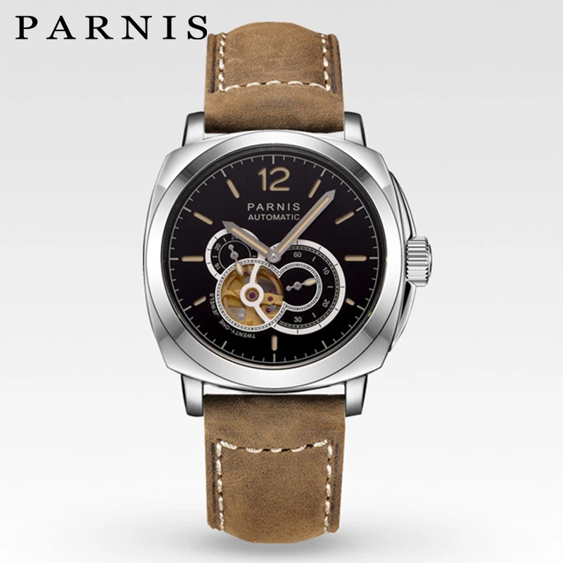

Parnis Skeleton Watches Mens Automatic Watch Mechanical 44mm Military Sport Frosted Belt Luminous 21 Jewels See Through Watch