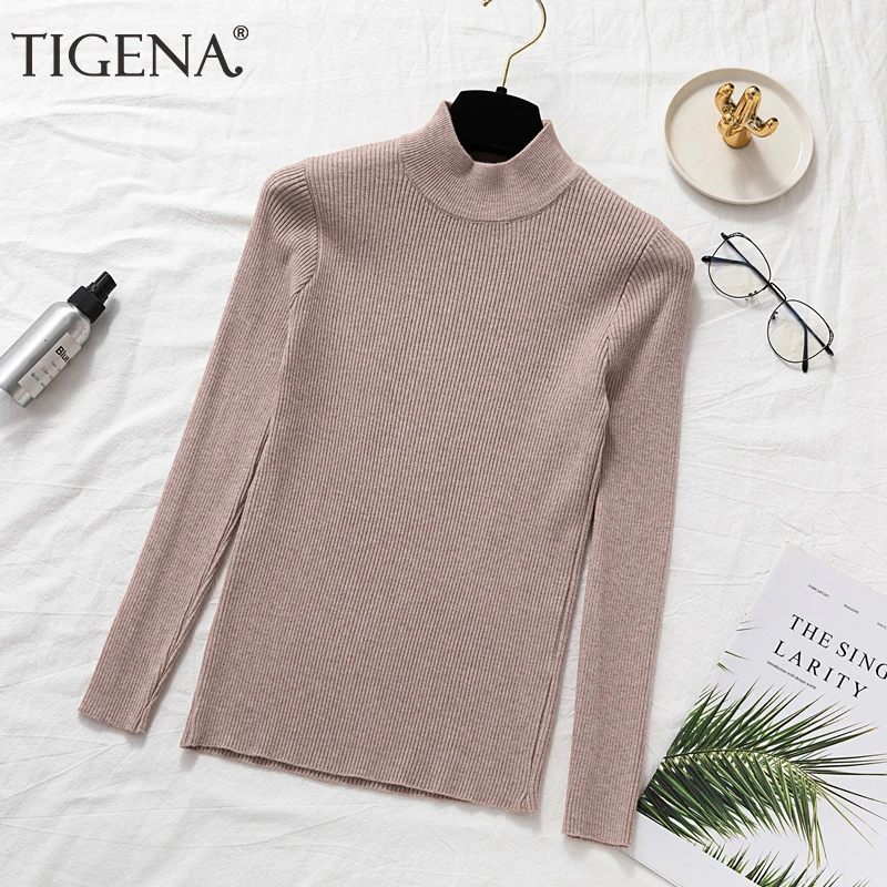 

TIGENA 2019 Autumn Winter Pullover Sweater Women Korean High Elastic Knitted Slim Sweater Female Half Turtleneck Jumper Ladies