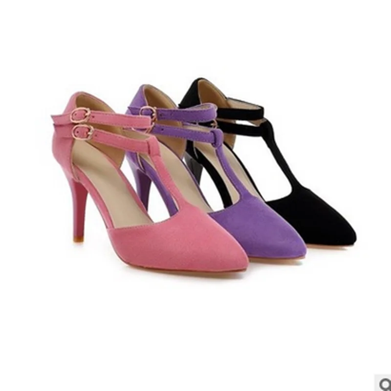 

Ladies Double Buckle T-Strap Pointed Toe Flock OL Elegant Sandals Big size 34-43 Thin High Heel Shoes Women Pumps Stilettos Pink
