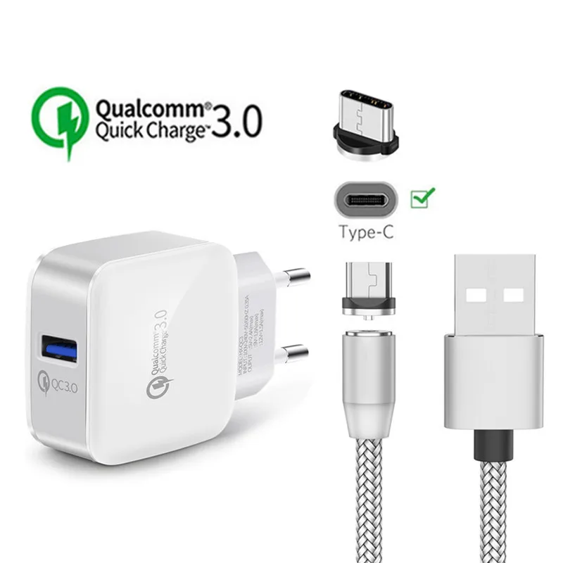 Type C Magnet Charge Cable For Motorola One Vision Power Samsung S8 S10 A20E A40 A60 A70 LG G6 Magnetic USB QC 3.0 Fast Charger - Тип штекера: EU charger and cable