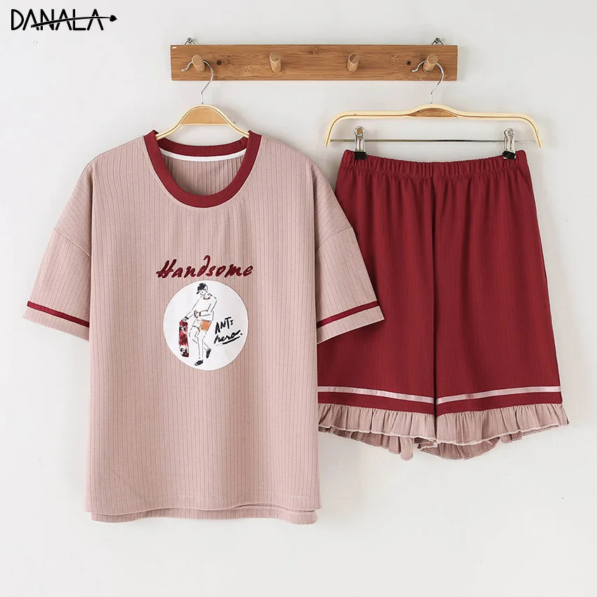 

DANALA Cotton Casual Women Pajamas Sets Summer Cartoon Print Vogue Short Sleeve Sleepwear Sets Women Home Suits Nightwear