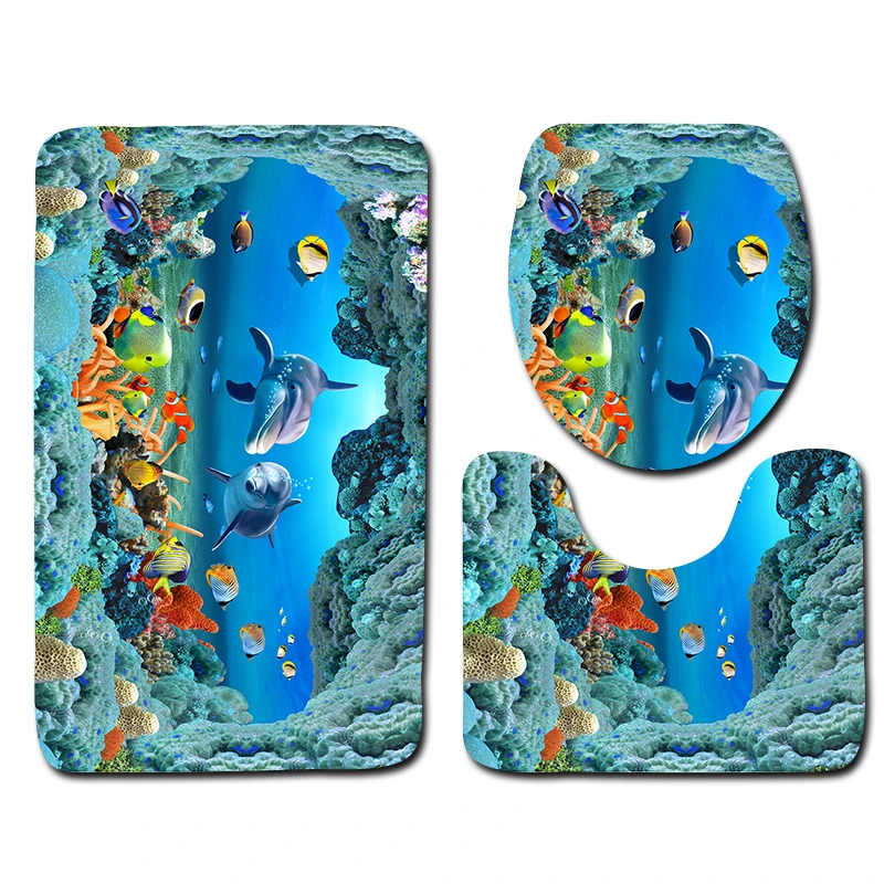 

3D Underwater World Bathroom Shower Bath Mat Toilet Lid Cover Bathroom Carpet Rugs Home Decoration Dolphin Bathroom Mat Set