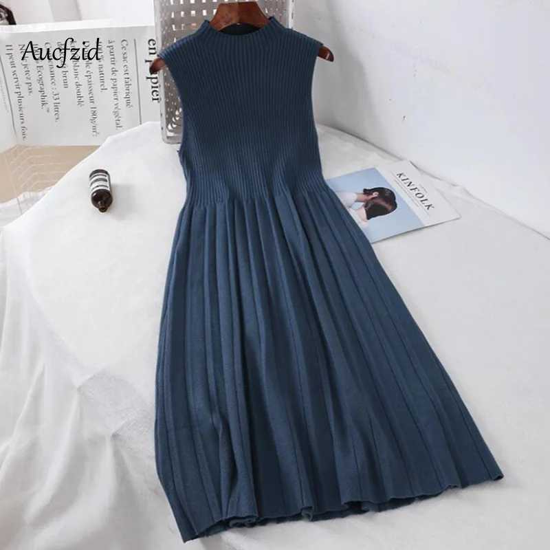 

Aucfzid Summer Knitted Sweater Dress Women Tunic Sexy Vintage Dresses Female Elastic Sleeveless Oversize Party Dress A210