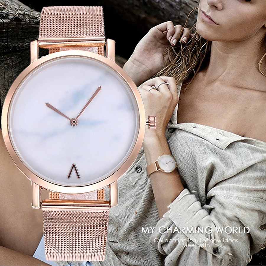 

luxury Brand Fashion Silver And Gold Mesh Band Creative Marble Wrist Watch Casual Women Quartz Watches Gift Relogio Feminino