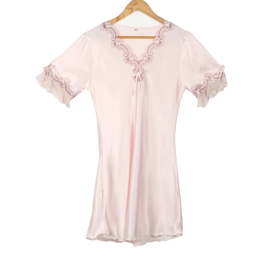 Charming Women Satin Embroidery Lingerie Half Sleeve Solid Dress Soft Faux Silk Sleepwear Nightdress Babydoll