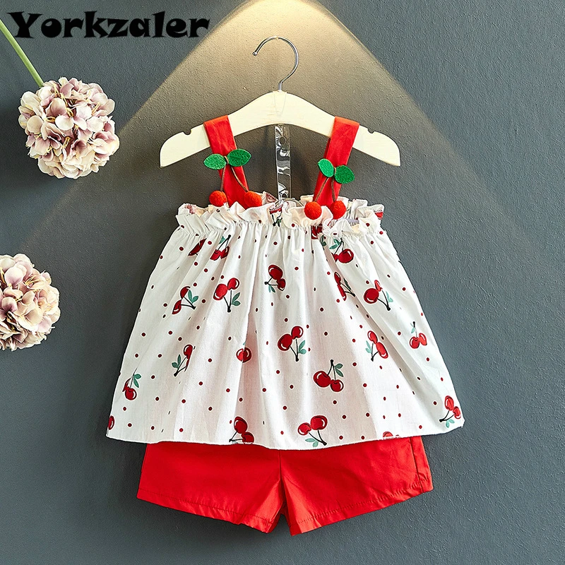 

Girls Summer Suit Cherry Printed Sleevelesss Blouse Shirt and Red Shorts 2 Pcs Children Outfits Cute Clothing Set