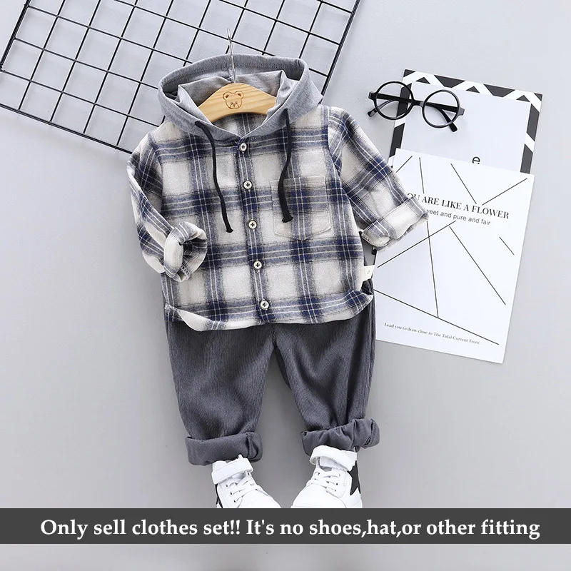 

2019 New baby boys Spring suit fashion Plaid shirt kids hooded shirt+ pants 2pcs/set children clothes sets